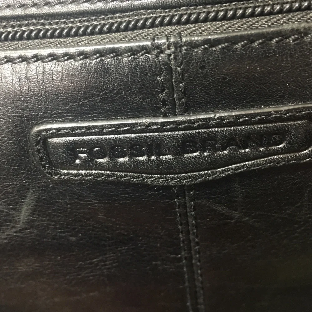 Fossil Brand black leather large satchel book bag